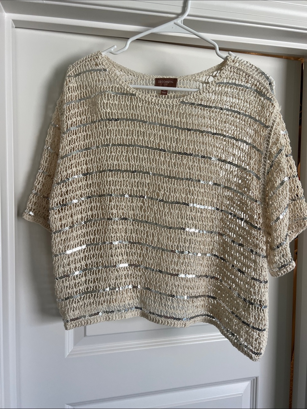 33 Coastal Cream Crochet Sequin Sweater